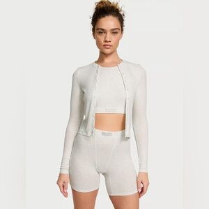 NWT Victoria's Secret 3-Piece Ribbed Modal Lounge Set Boxer, Bra, Cardigan Small